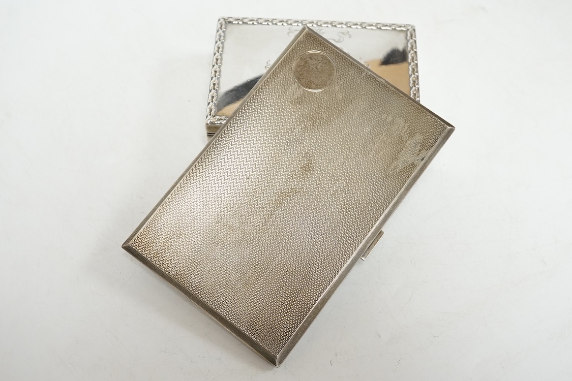 A small George V silver box and cover, possibly for snuff, by Mappin & Webb, London, 1912, 95mm, together with a later engine turned silver cigarette case, 10.6oz.